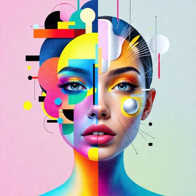 The primary subject of the image is a woman with a colorful face, featuring a mix of blue, yellow, and pink colors. She is wearing makeup and has a vibrant, artistic appearance. The setting is a pink background, which contrasts with the woman's face and adds to the overall visual style. The image is a digital art or illustration, showcasing the woman's unique and creative look. The colors and mood of the image are lively and energetic, reflect